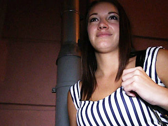 Pretty young brunette fucks stranger from behind in public